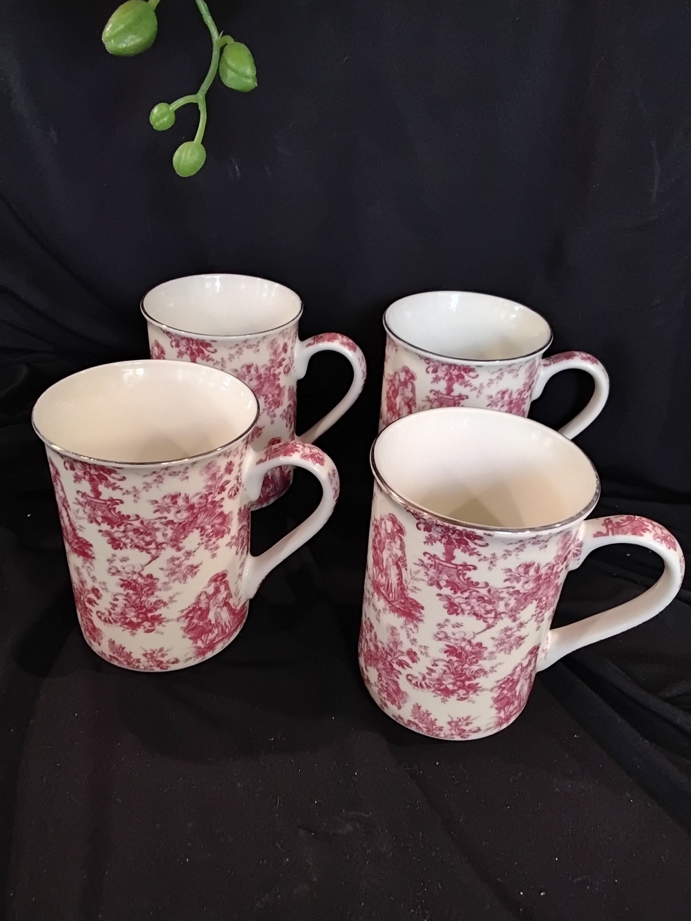 Toile-Pattern Ceramic Mugs in Pink - Set of 4